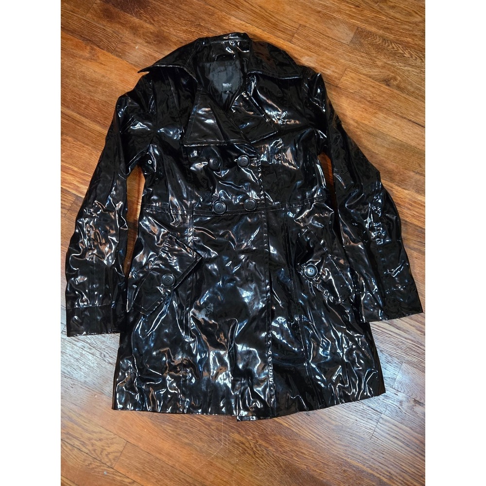Mossimo Black Patent Faux Leather Trench Coat Double Breasted Shiny Jacket M